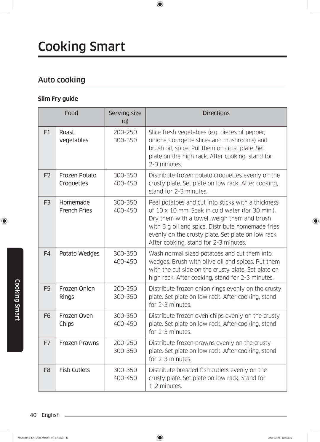 Samsung MC35J8055CK/ET manual Cooking Smart, Auto cooking, Slim Fry guide 