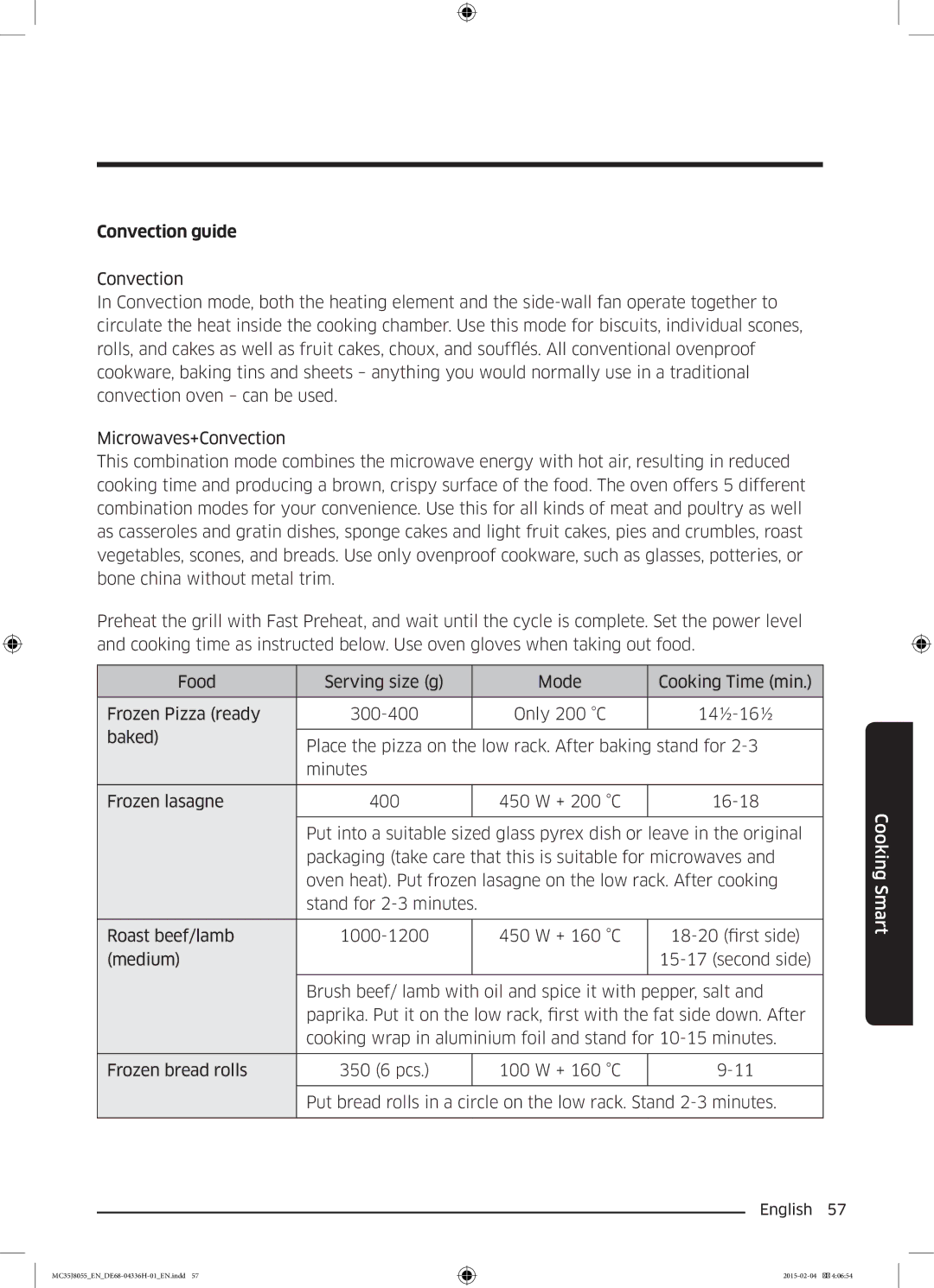 Samsung MC35J8055CK/ET manual Convection guide 