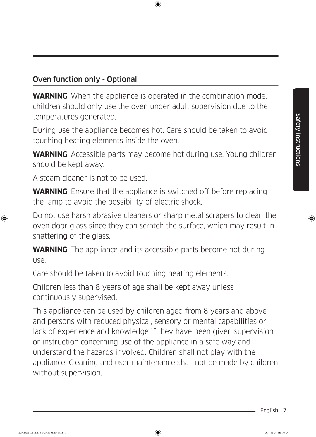 Samsung MC35J8055CK/ET manual Safety instructions 