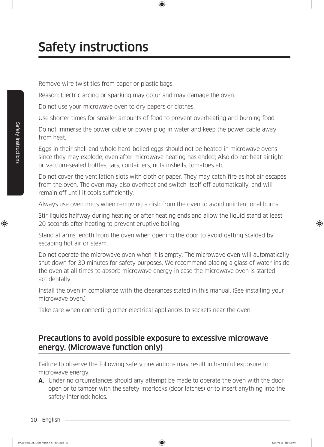 Samsung MC35J8055KT/EF, MC35J8055CW/EF, MC35J8055CK/EF, MC35J8055CK/ET manual Safety instructions 