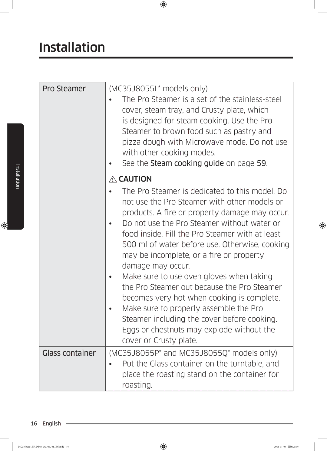 Samsung MC35J8055CW/EF, MC35J8055CK/EF, MC35J8055KT/EF, MC35J8055CK/ET manual Installation 