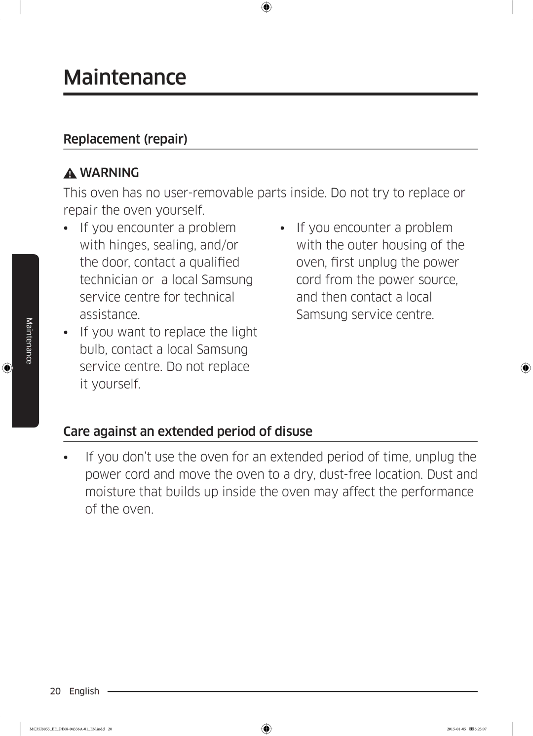 Samsung MC35J8055CW/EF, MC35J8055CK/EF, MC35J8055KT/EF, MC35J8055CK/ET manual Maintenance 