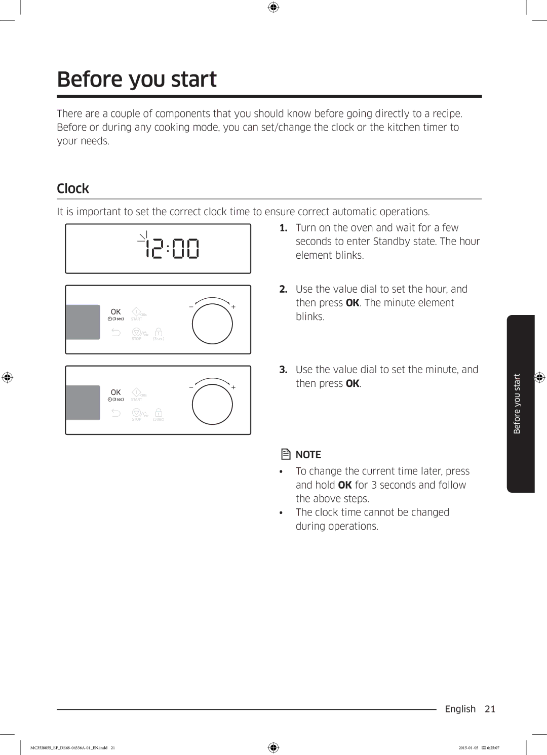 Samsung MC35J8055CK/EF, MC35J8055CW/EF, MC35J8055KT/EF, MC35J8055CK/ET manual Before you start, Clock 