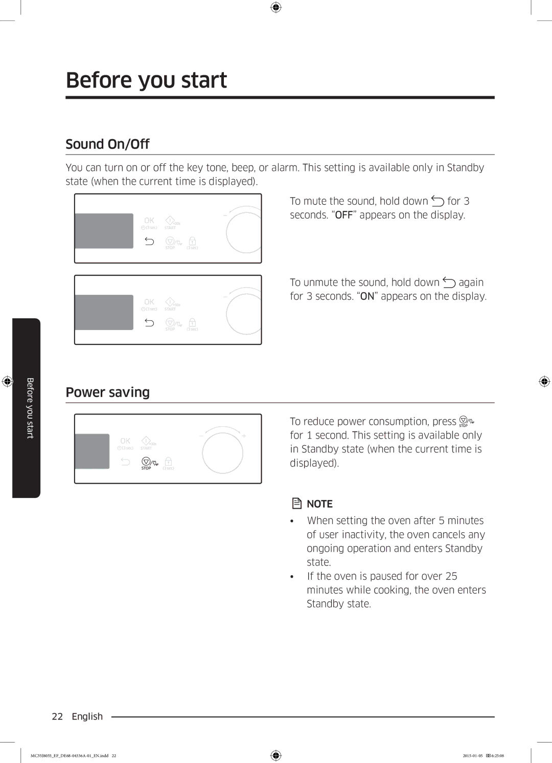 Samsung MC35J8055KT/EF, MC35J8055CW/EF, MC35J8055CK/EF, MC35J8055CK/ET manual Sound On/Off, Power saving 