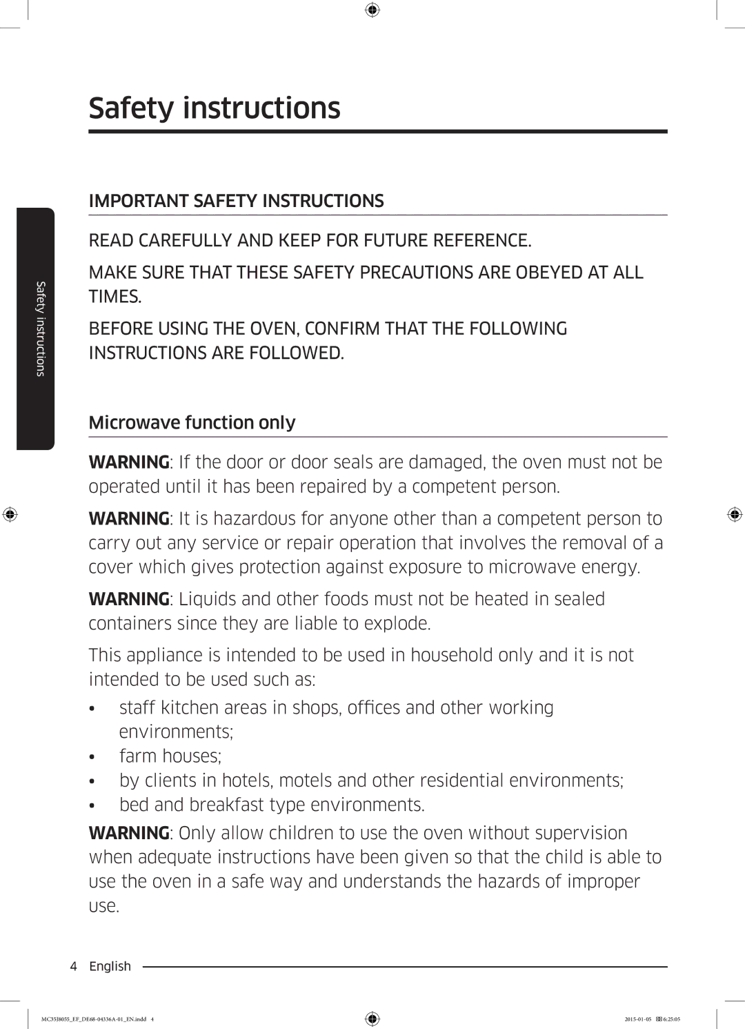 Samsung MC35J8055CW/EF, MC35J8055CK/EF, MC35J8055KT/EF, MC35J8055CK/ET manual Safety instructions 