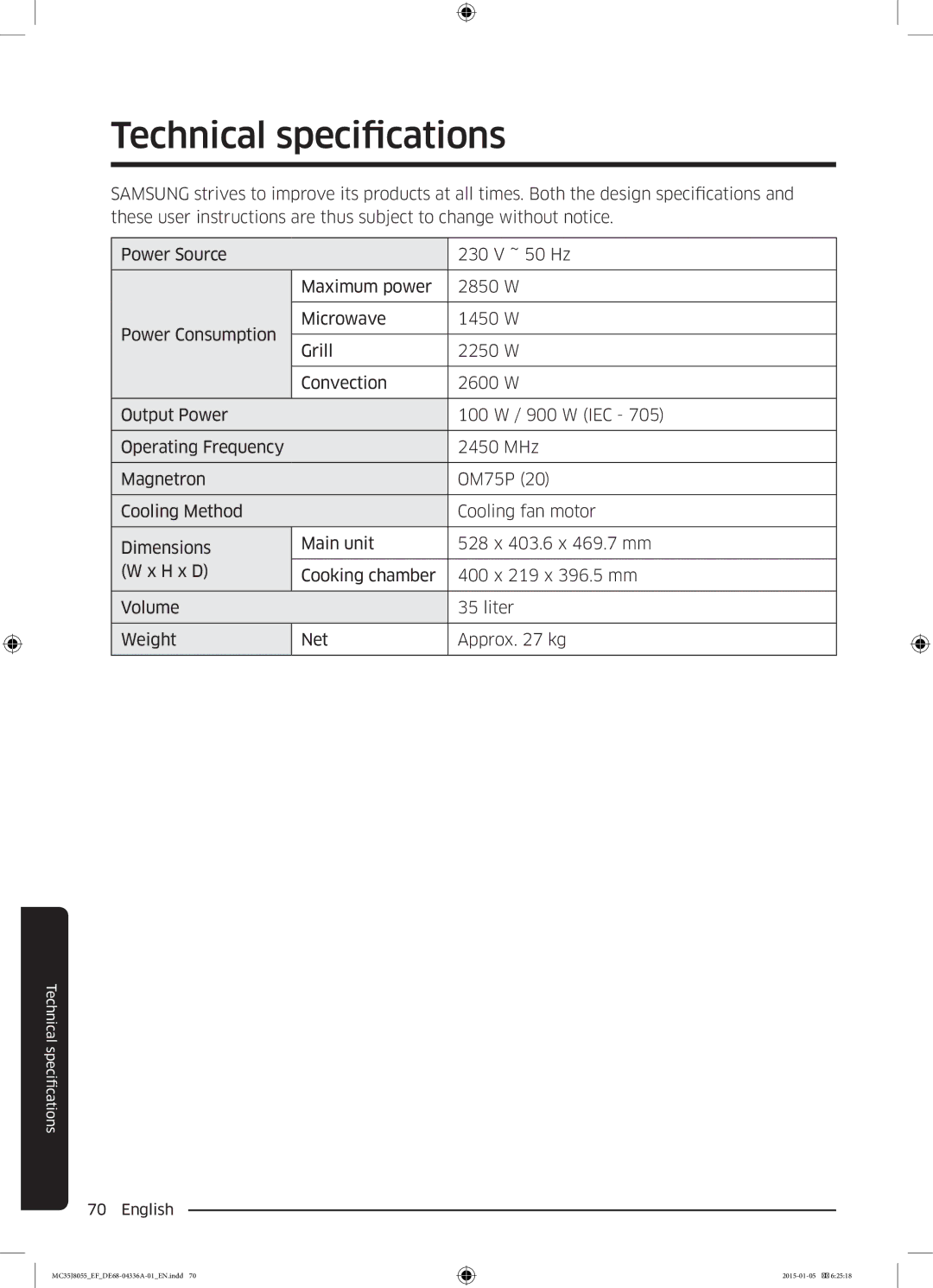 Samsung MC35J8055KT/EF, MC35J8055CW/EF, MC35J8055CK/EF, MC35J8055CK/ET manual Technical specifications 