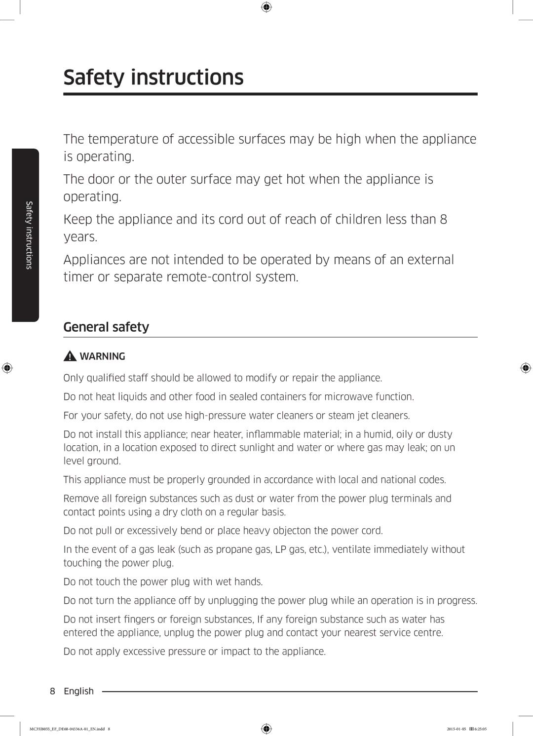 Samsung MC35J8055CW/EF, MC35J8055CK/EF, MC35J8055KT/EF, MC35J8055CK/ET manual Safety instructions 