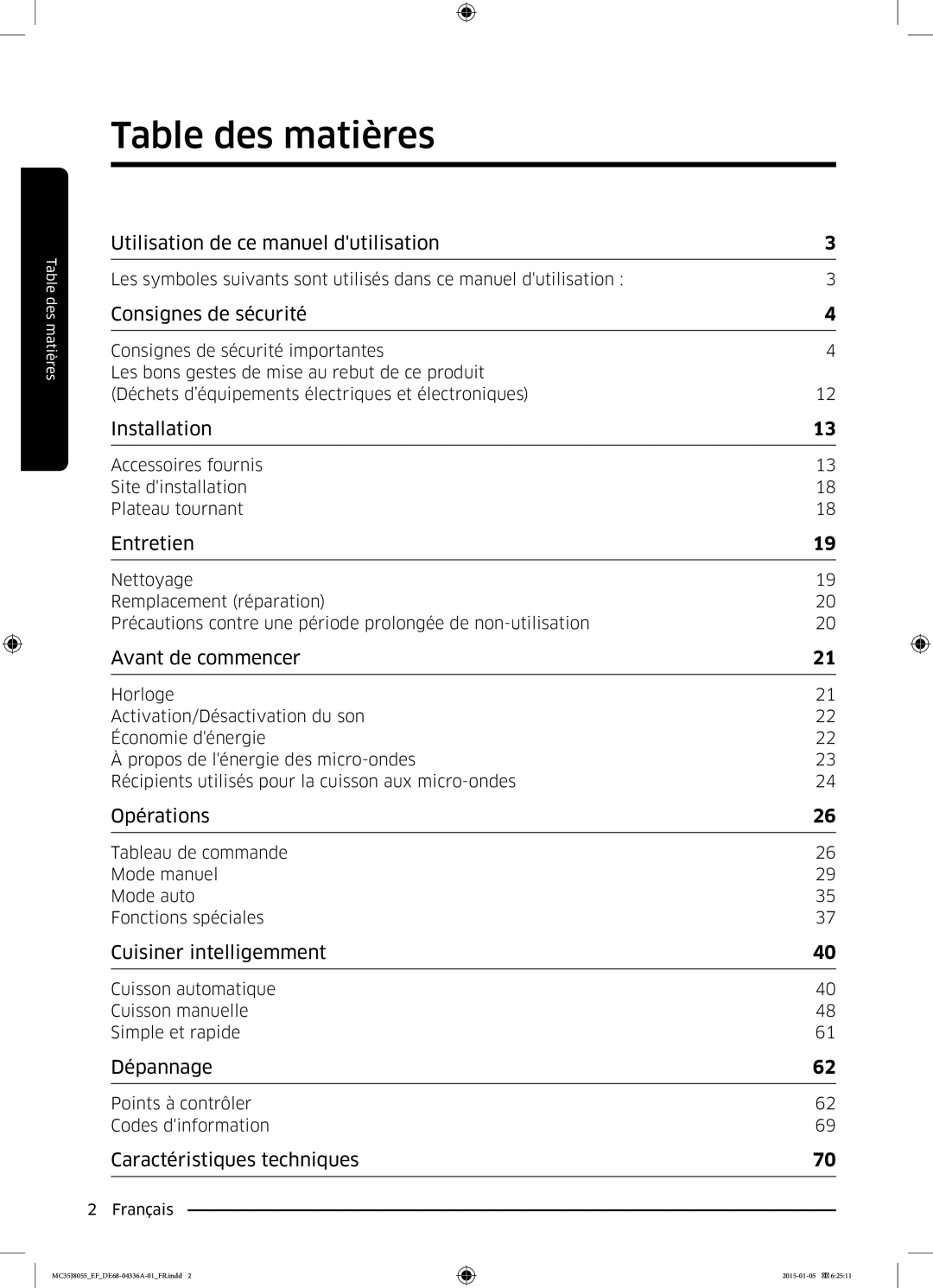 Samsung MC35J8055KT/EF, MC35J8055CW/EF, MC35J8055CK/EF manual Table des matières, Consignes de sécurité 