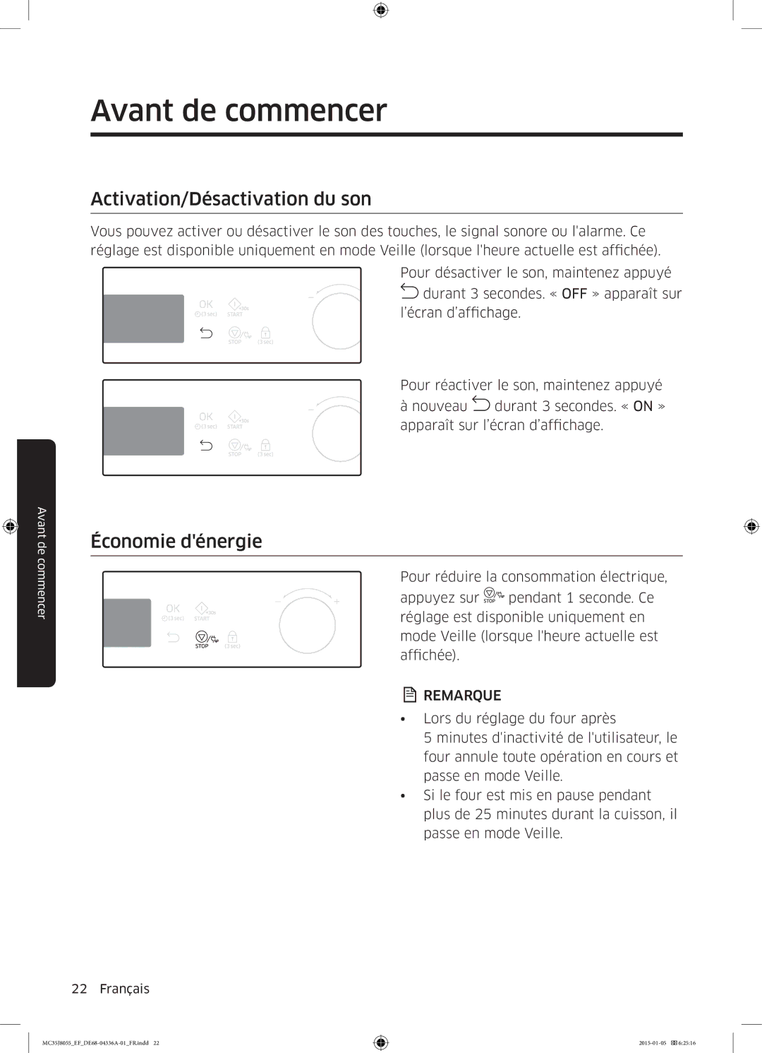 Samsung MC35J8055CK/EF, MC35J8055CW/EF, MC35J8055KT/EF manual Activation/Désactivation du son, Économie dénergie 