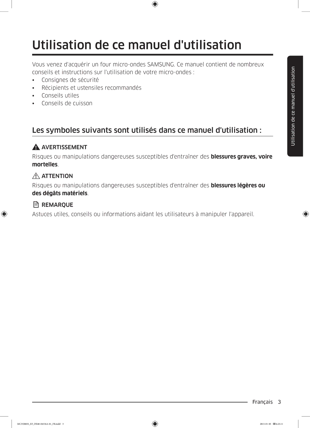 Samsung MC35J8055CW/EF, MC35J8055CK/EF, MC35J8055KT/EF manual Utilisation de ce manuel dutilisation, Avertissement 