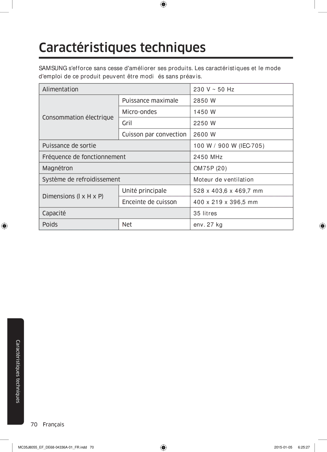 Samsung MC35J8055CK/EF, MC35J8055CW/EF, MC35J8055KT/EF manual Caractéristiques techniques 