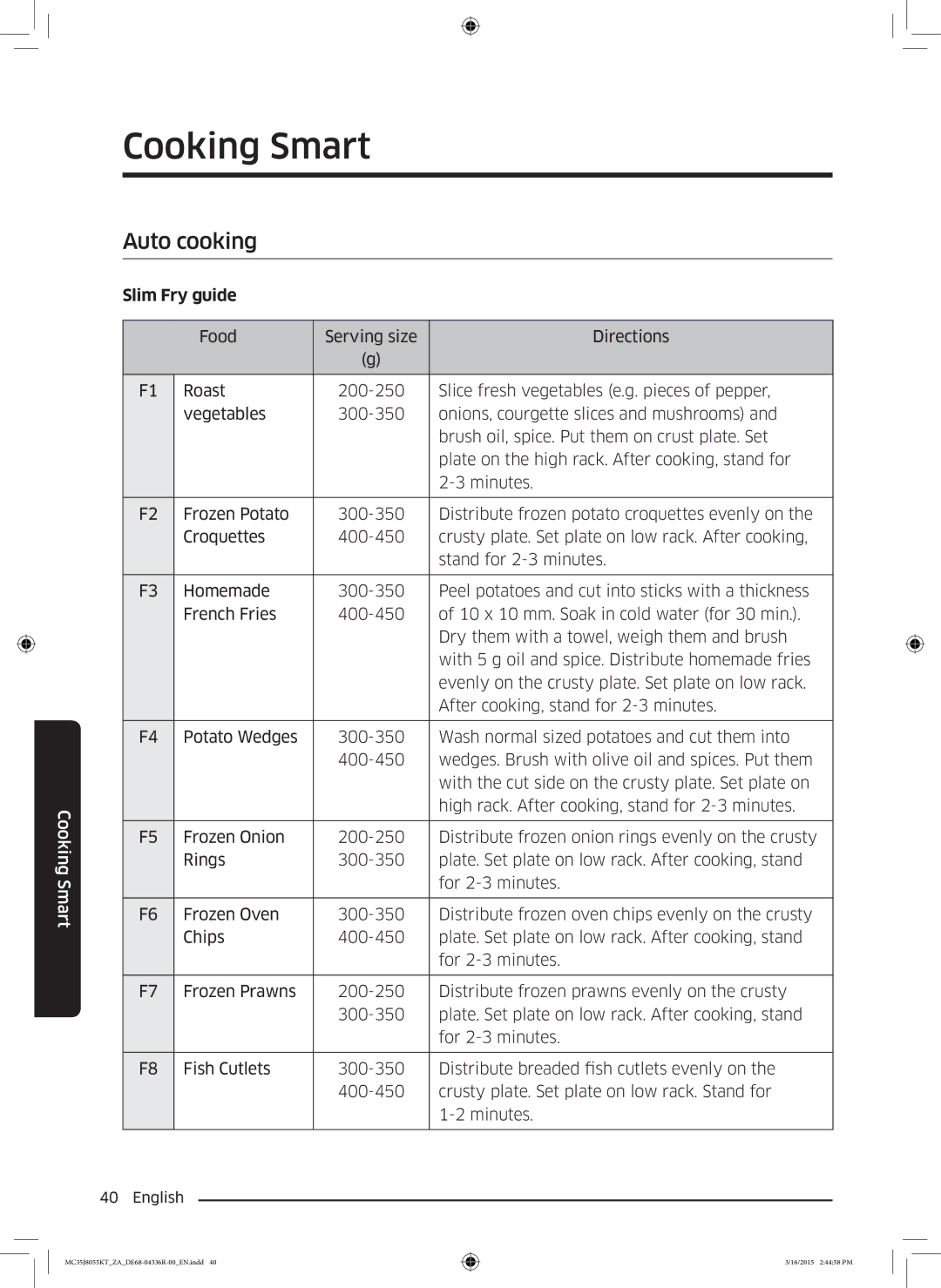 Samsung MC35J8055KT/ZA manual Auto cooking, Slim Fry guide 