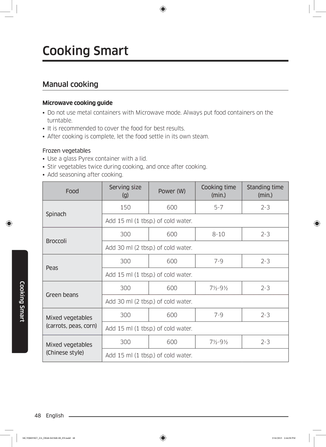 Samsung MC35J8055KT/ZA manual Manual cooking, Microwave cooking guide 