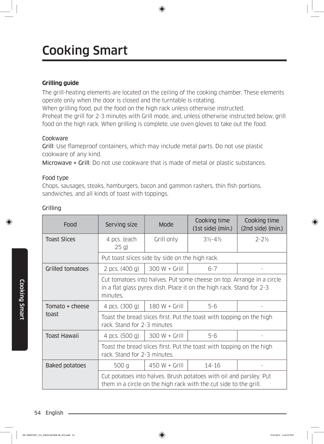 Samsung MC35J8055KT/ZA manual Grilling guide 