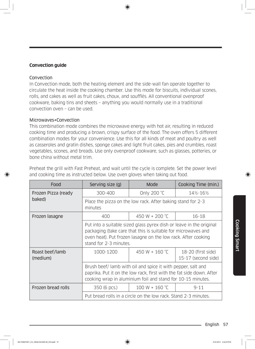 Samsung MC35J8055KT/ZA manual Convection guide 