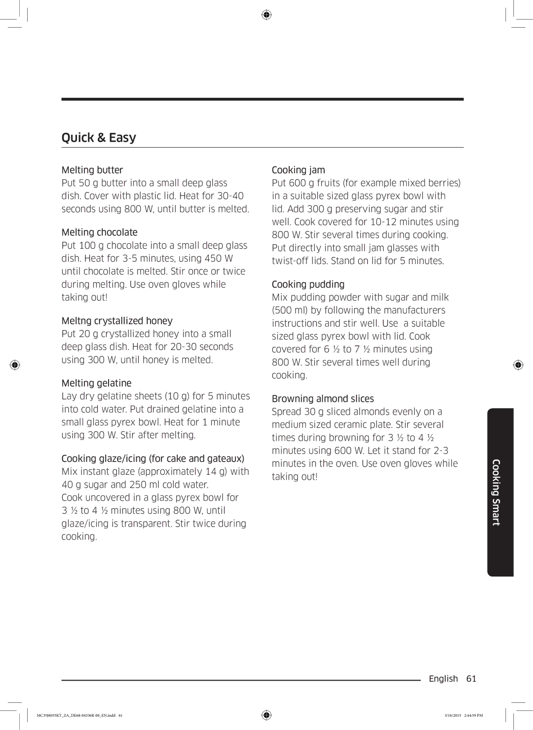 Samsung MC35J8055KT/ZA manual Quick & Easy 