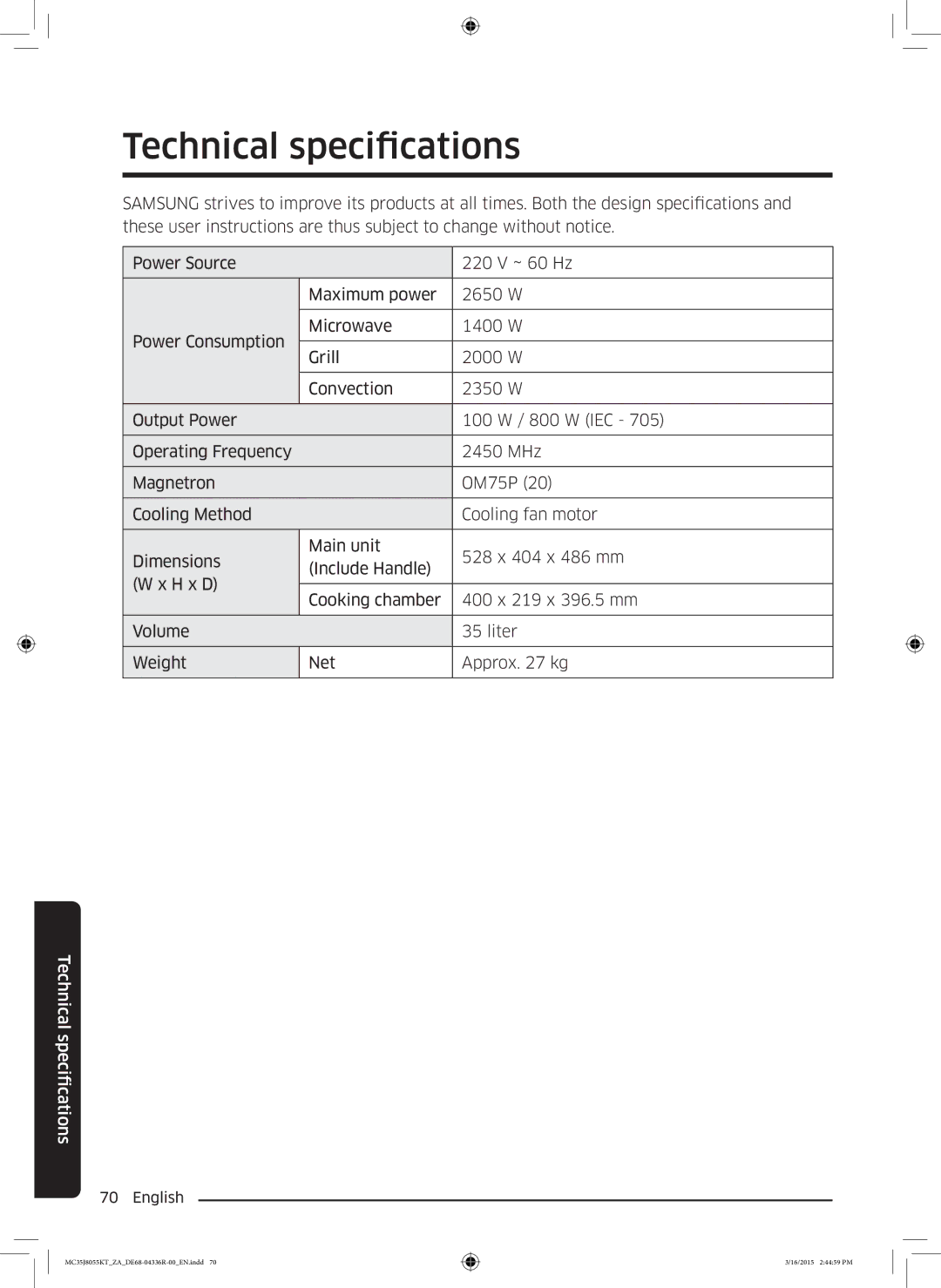 Samsung MC35J8055KT/ZA manual Technical specifcationsication 