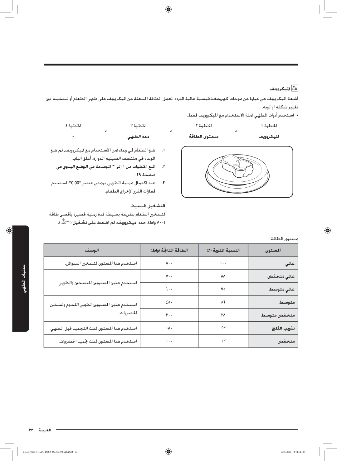 Samsung MC35J8055KT/ZA يهطلا ةدم ةقاطلا ىوتسم فيووركيلما, لئاوسلا ينخستل ىوتسلما اذه مدختسا, ضفخنم يلاع, طسوتم 