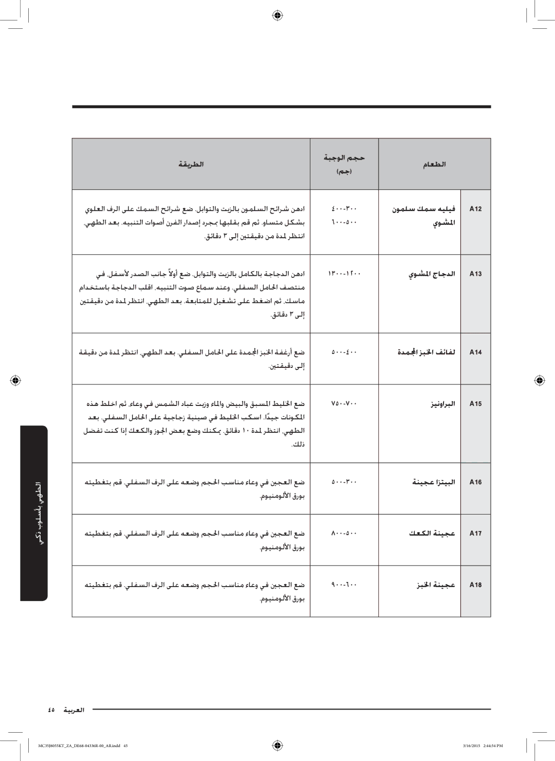 Samsung MC35J8055KT/ZA manual نوملس كمس هيليف A12, ةدملمجا زبلخا فئافل A14 ينتقيقد ىلإ, زبلخا ةنيجع A18 موينموللأا قروب 