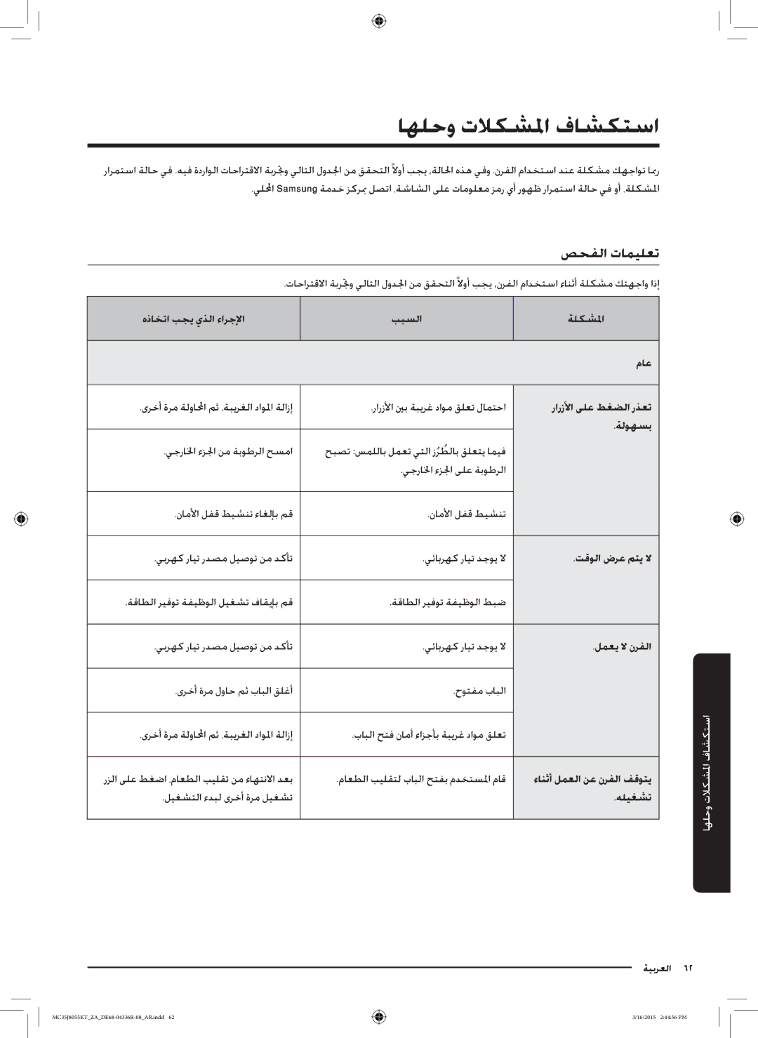 Samsung MC35J8055KT/ZA manual اهلحو تلاكشلما فاشكتسا, صحفلا تاميلعت 