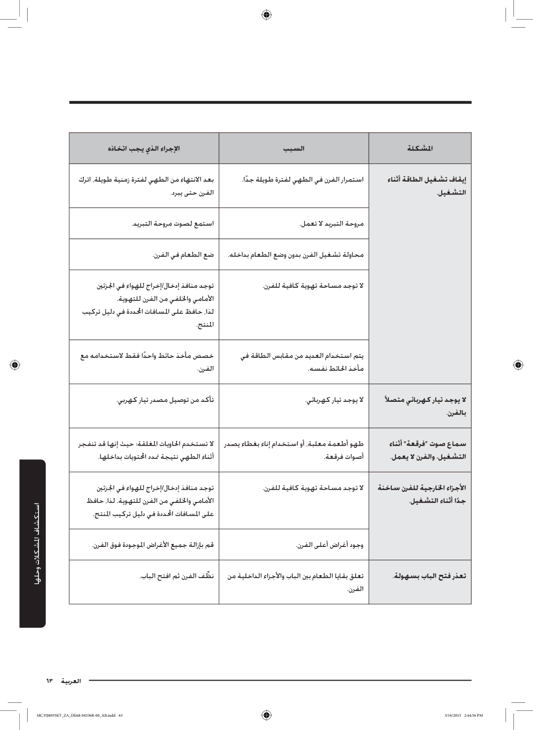 Samsung MC35J8055KT/ZA manual هذاختا بجي يذلا ءارجلإا ببسلا ةلكشلما, ءانثأ ةقاطلا ليغشت فاقيإ, ليغشتلا, نرفلاب 