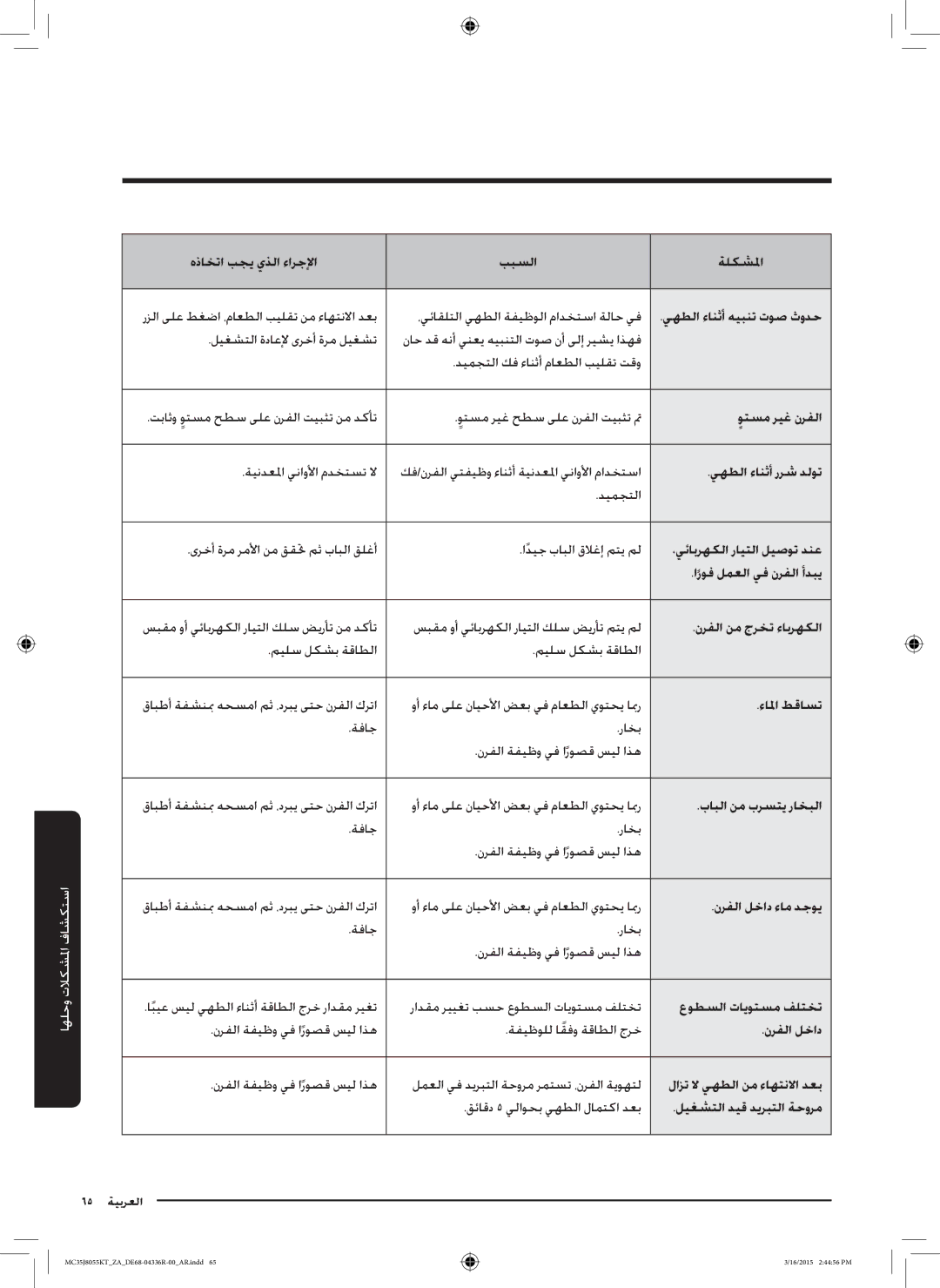 Samsung MC35J8055KT/ZA manual يهطلا ءانثأ هيبنت توص ثودح, وتسم ريغ نرفلا, يهطلا ءانثأ ررش دلوت, ،يئابرهكلا رايتلا ليصوت دنع 