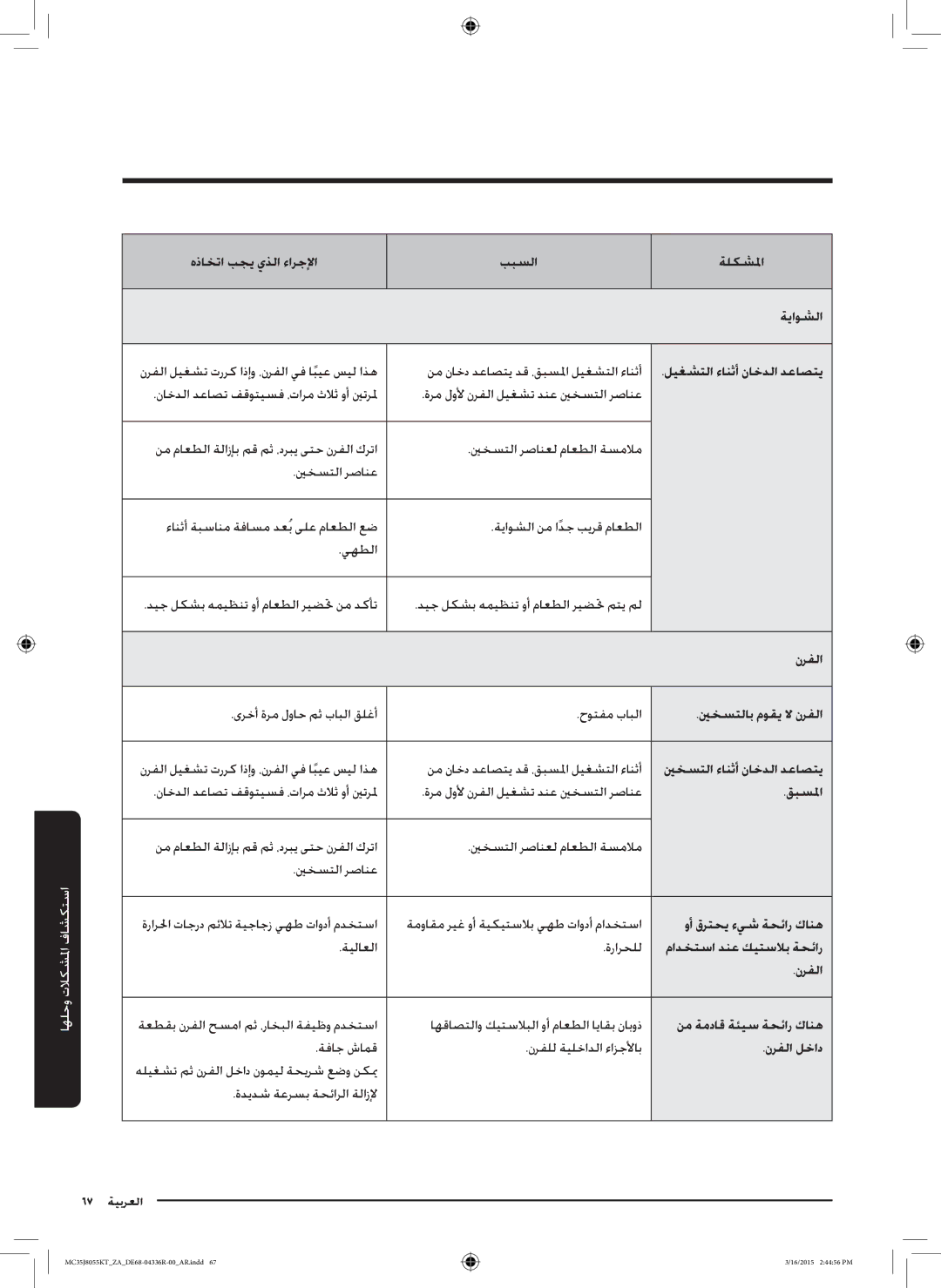 Samsung MC35J8055KT/ZA manual هذاختا بجي يذلا ءارجلإا ببسلا ةلكشلما ةياوشلا, ليغشتلا ءانثأ ناخدلا دعاصتي, نرفلا, قبسلما 