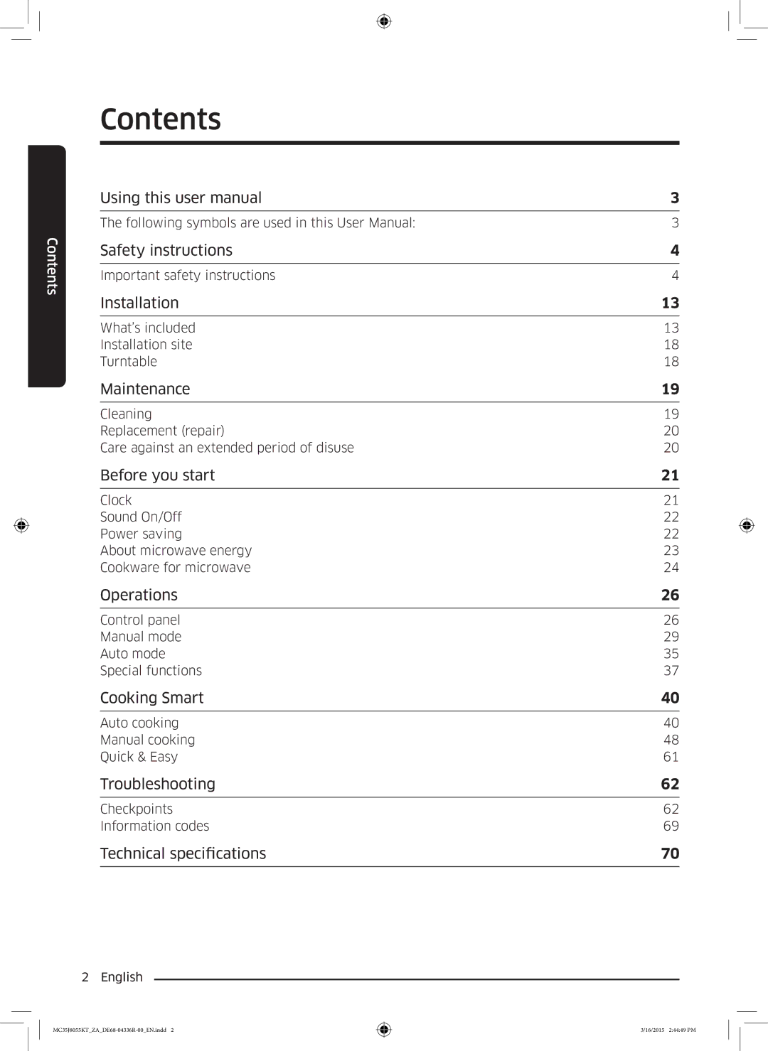 Samsung MC35J8055KT/ZA manual Contents 