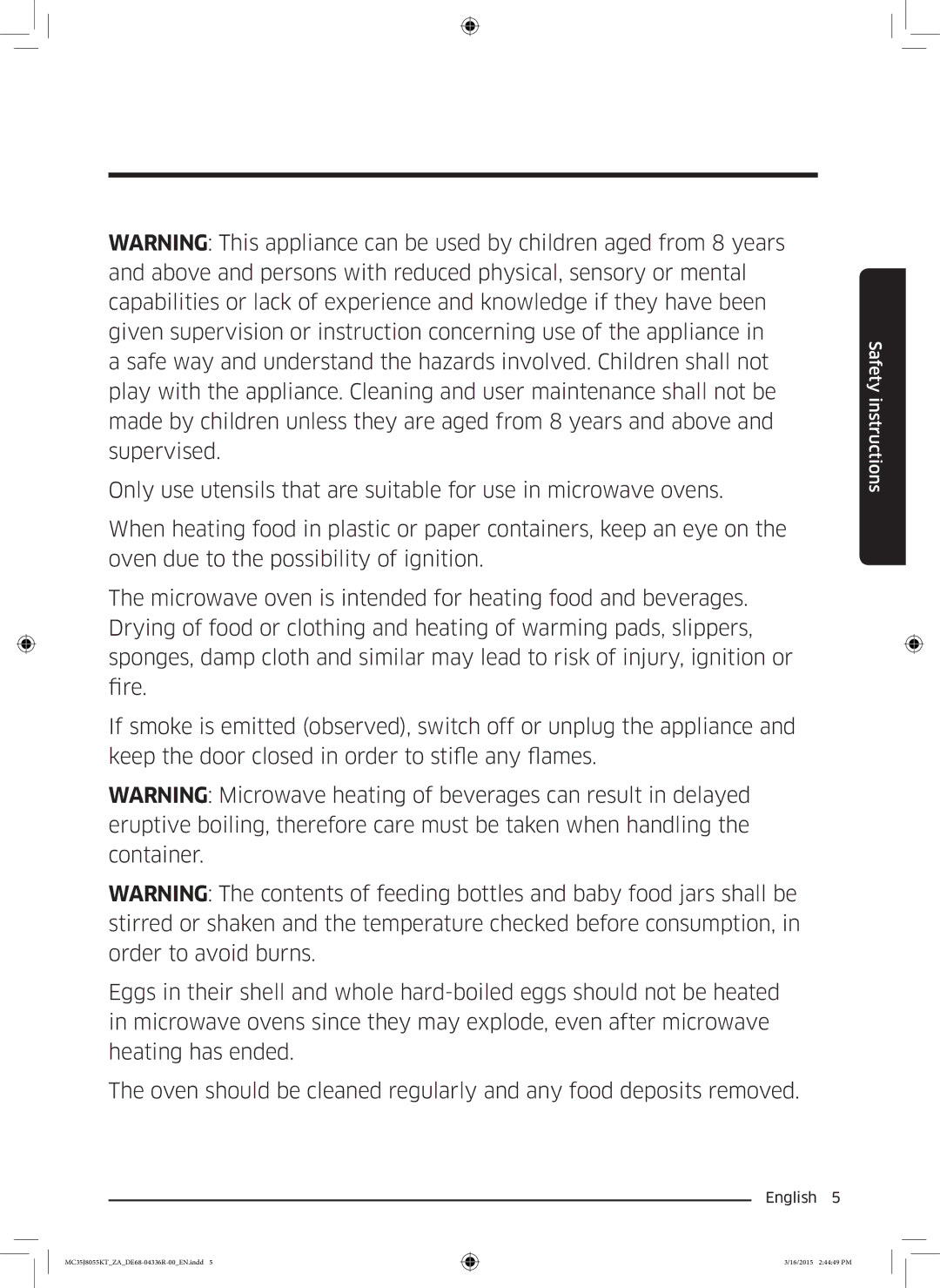 Samsung MC35J8055KT/ZA manual Safety instructions 