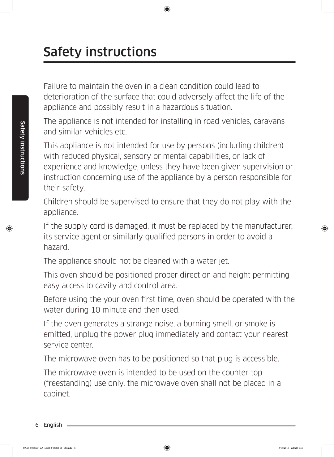 Samsung MC35J8055KT/ZA manual Safety instructions 