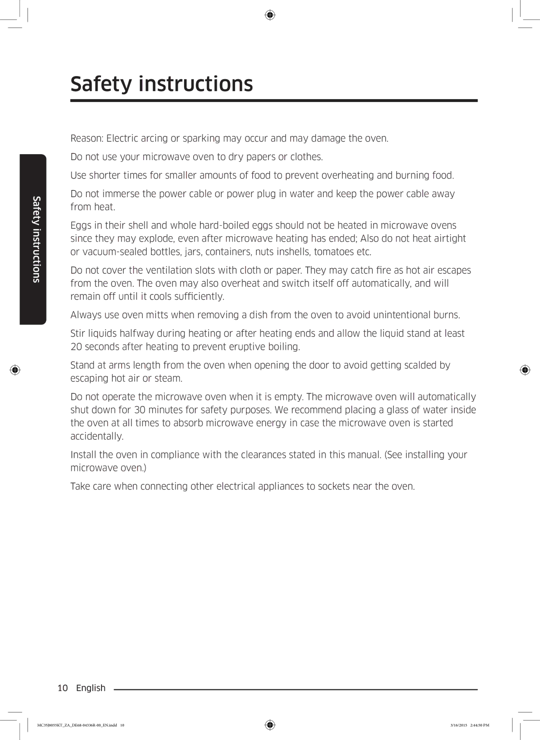 Samsung MC35J8055KT/ZA manual Safety instructions 