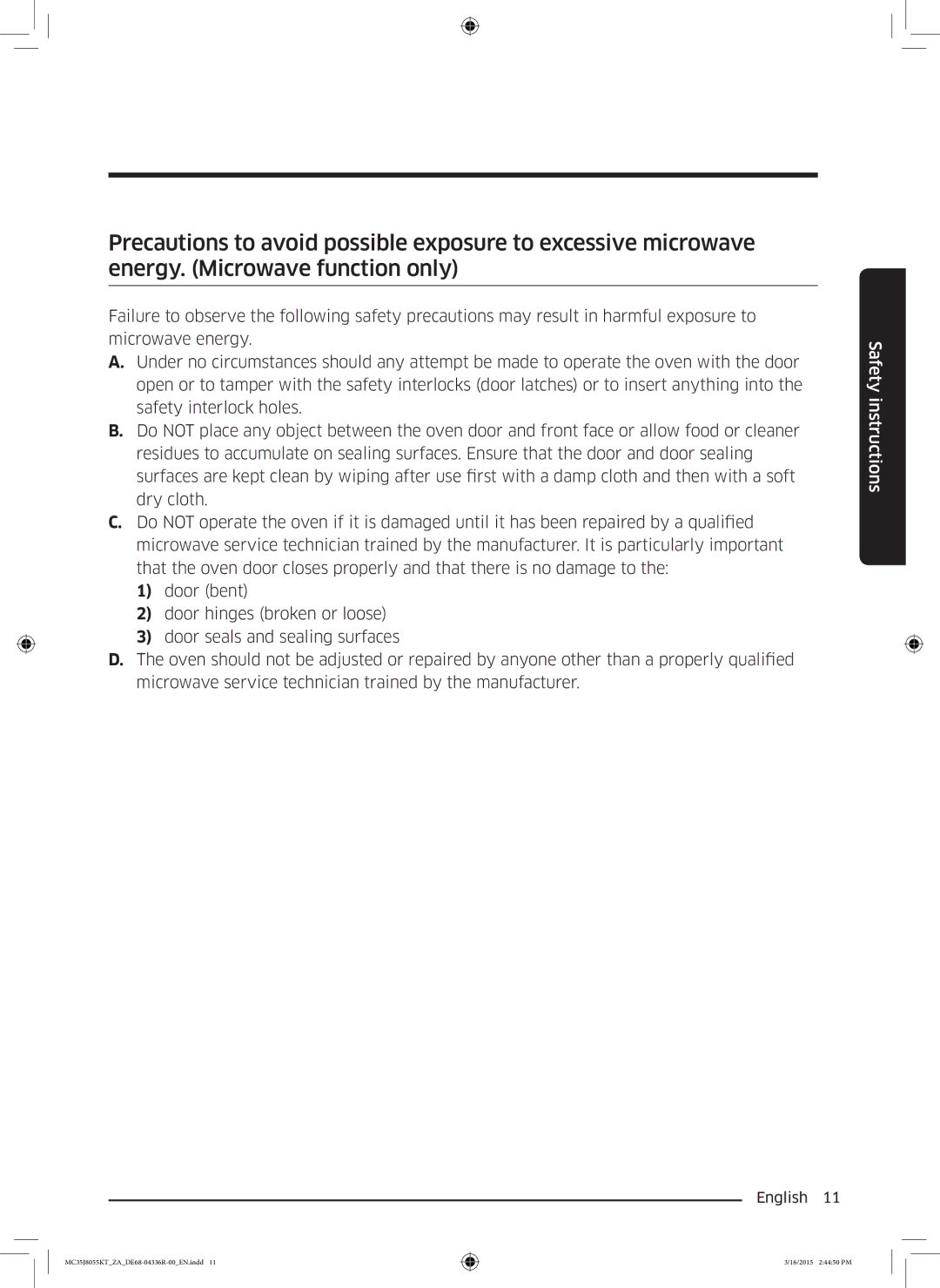 Samsung MC35J8055KT/ZA manual Safety instructions 