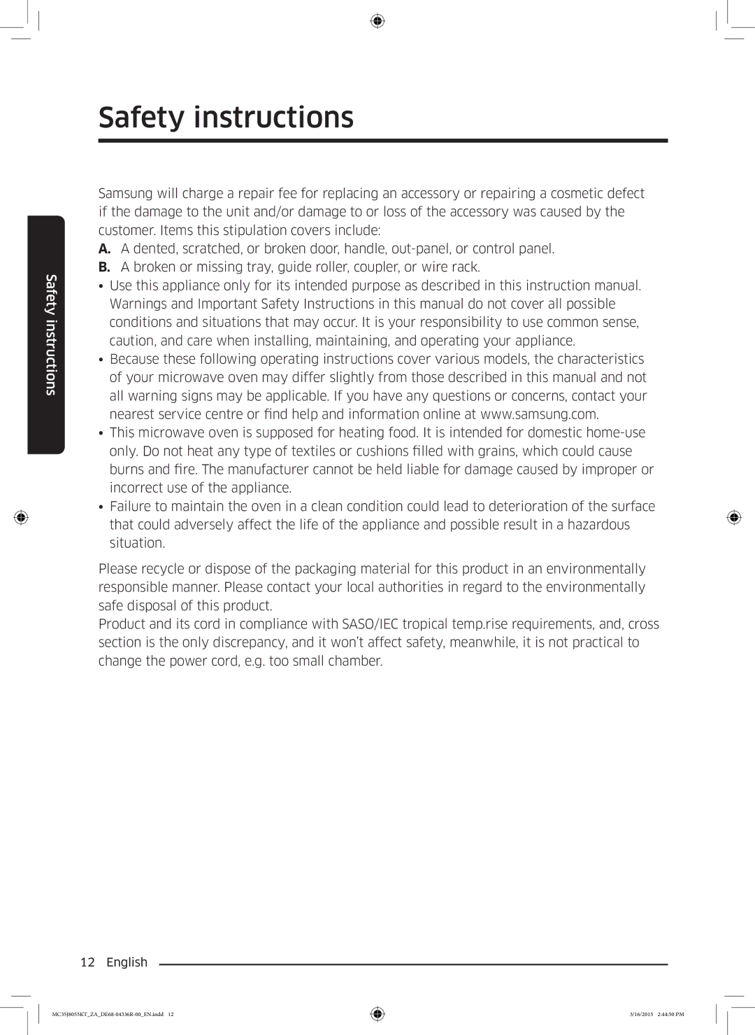 Samsung MC35J8055KT/ZA manual Safety instructions 