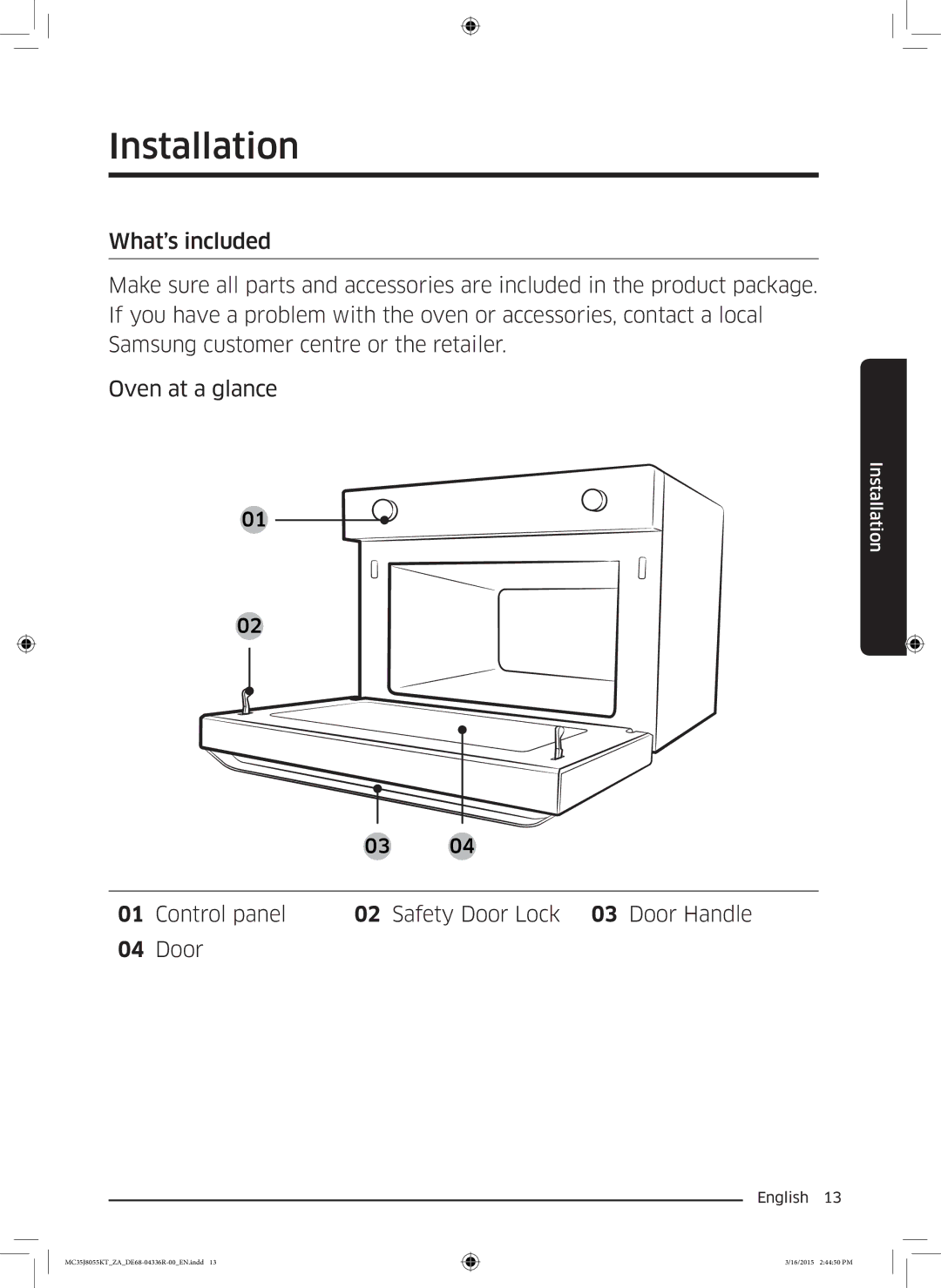 Samsung MC35J8055KT/ZA manual Installation, Control panel Safety Door Lock 03 Door Handle 