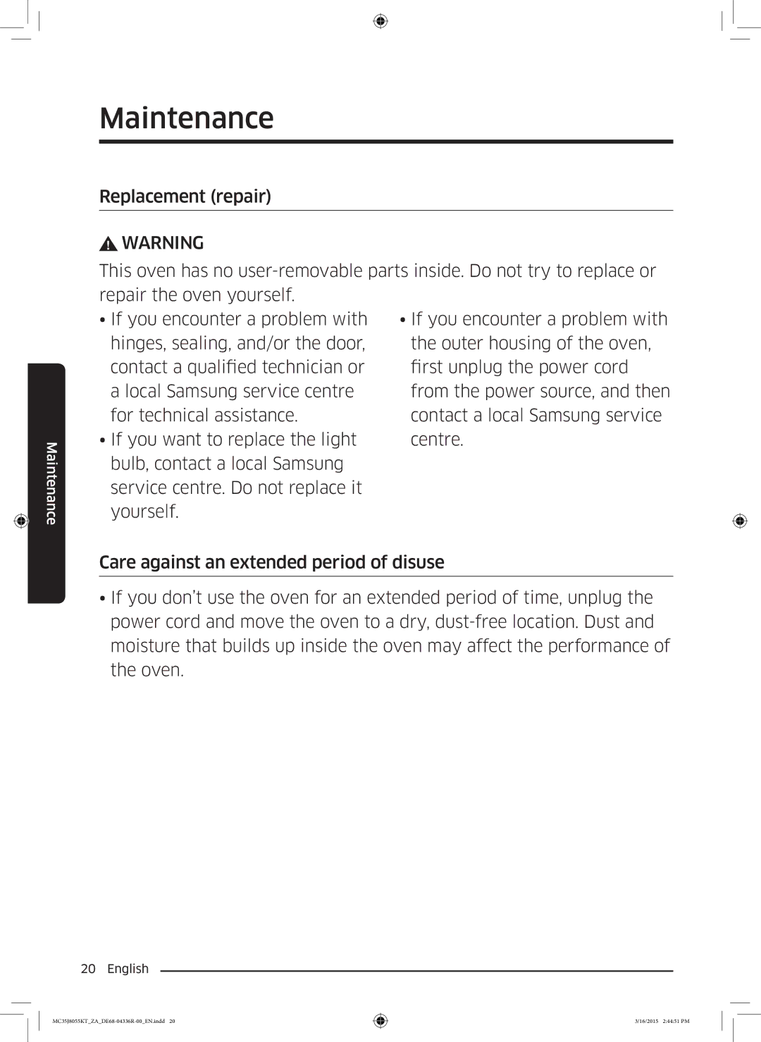 Samsung MC35J8055KT/ZA manual Maintenance 