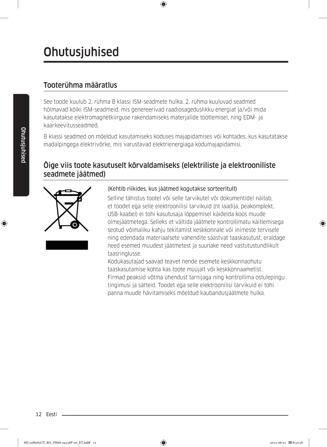 Samsung MC35J8085CT/BA manual Tooterühma määratlus 