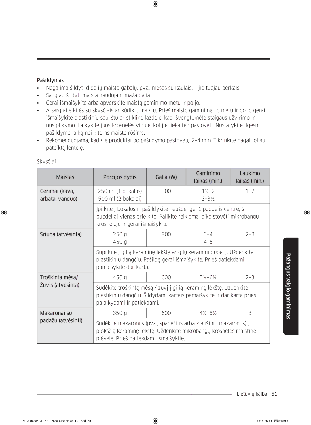 Samsung MC35J8085CT/BA manual Pažangus valgio gaminimas 