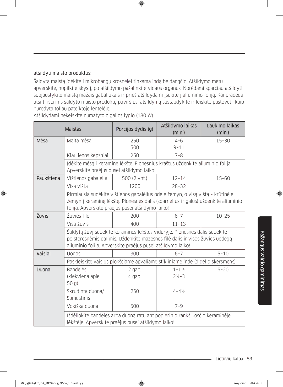 Samsung MC35J8085CT/BA manual Pažangus valgio gaminimas 