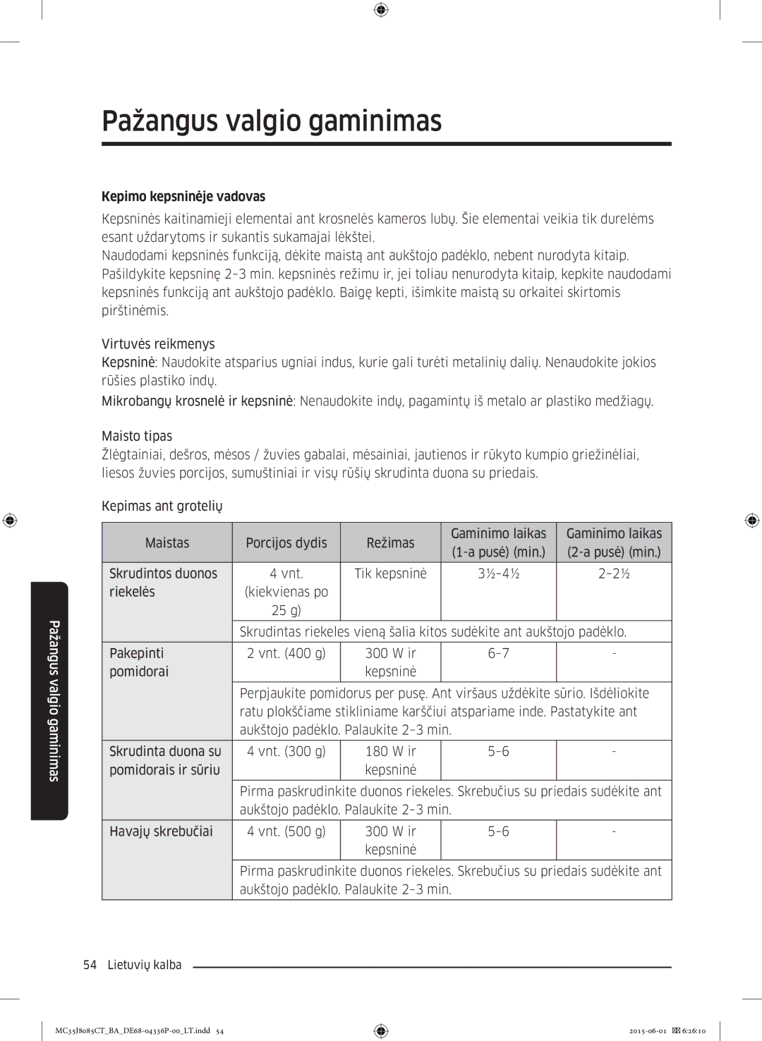 Samsung MC35J8085CT/BA manual Kepimo kepsninėje vadovas 