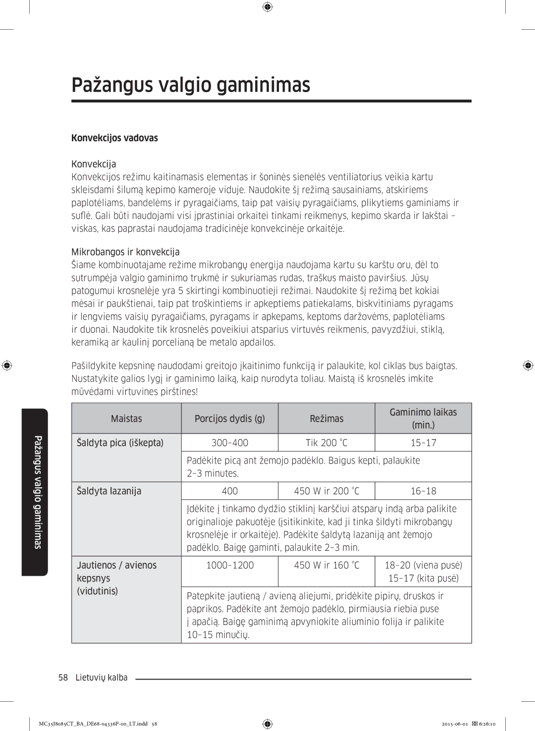 Samsung MC35J8085CT/BA manual Konvekcijos vadovas 