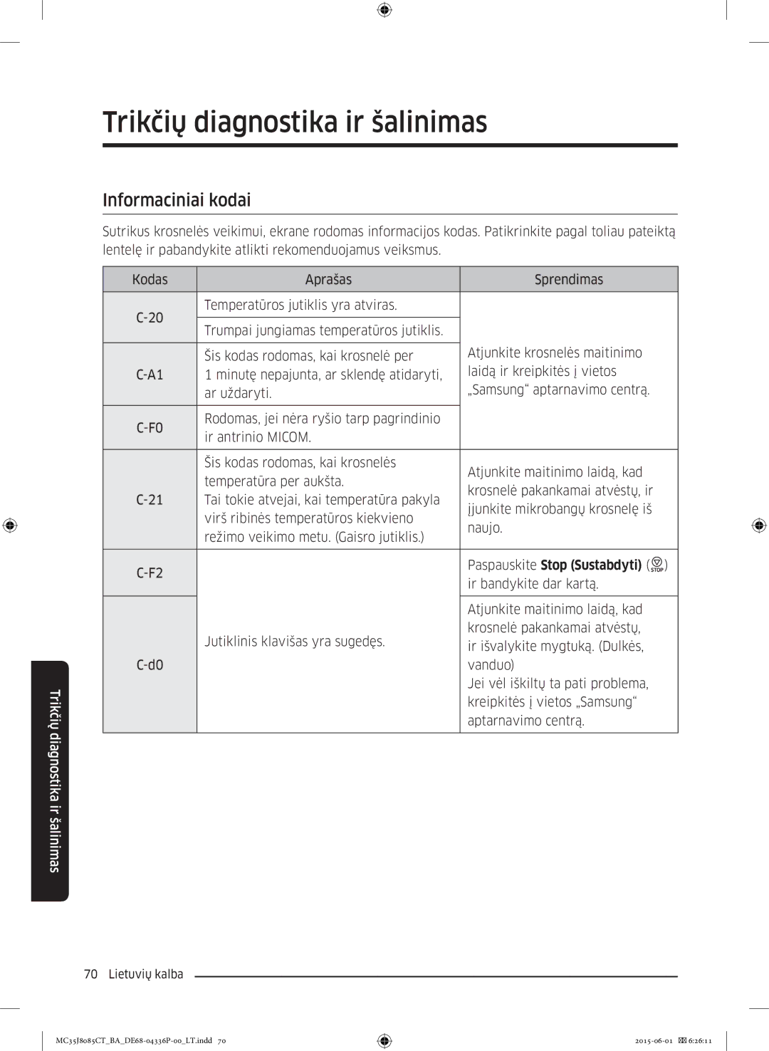 Samsung MC35J8085CT/BA manual Informaciniai kodai, Paspauskite Stop Sustabdyti 