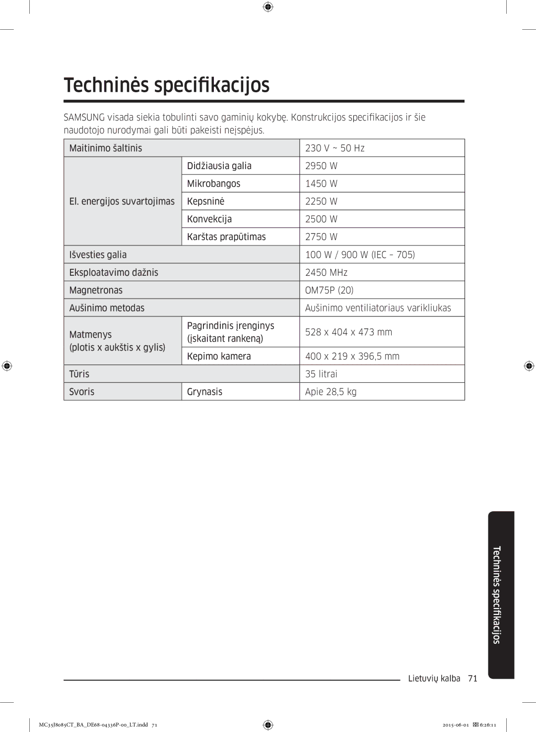 Samsung MC35J8085CT/BA manual Techninės specifkacijos 