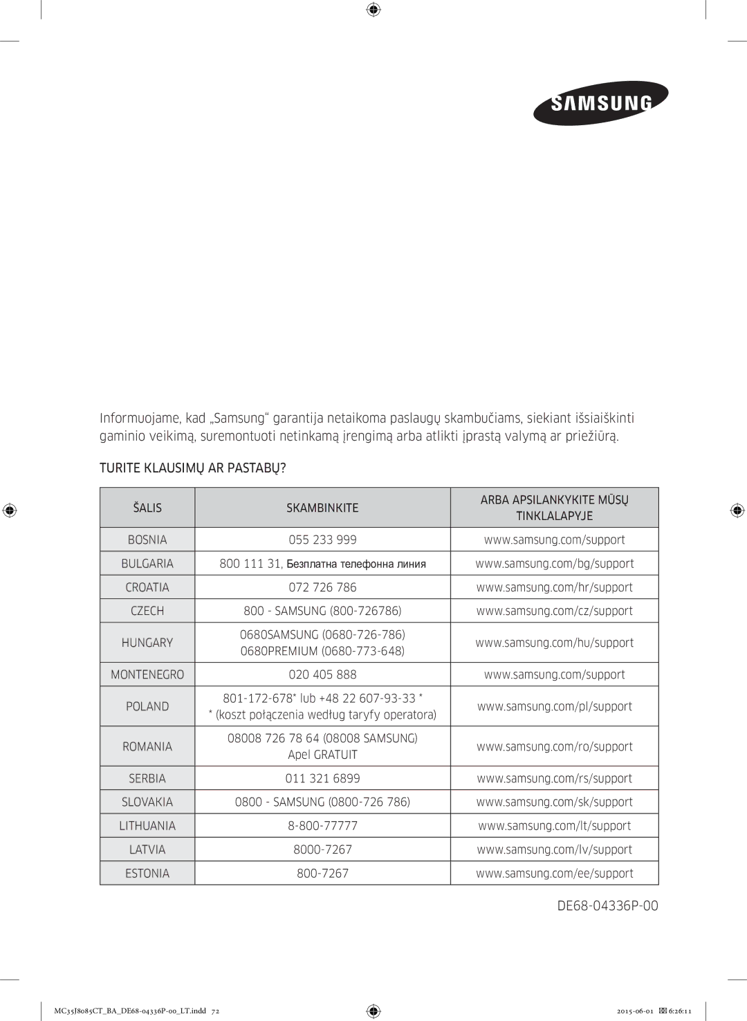 Samsung MC35J8085CT/BA manual Turite Klausimų AR PASTABŲ?, Šalis Skambinkite Arba Apsilankykite Mūsų 