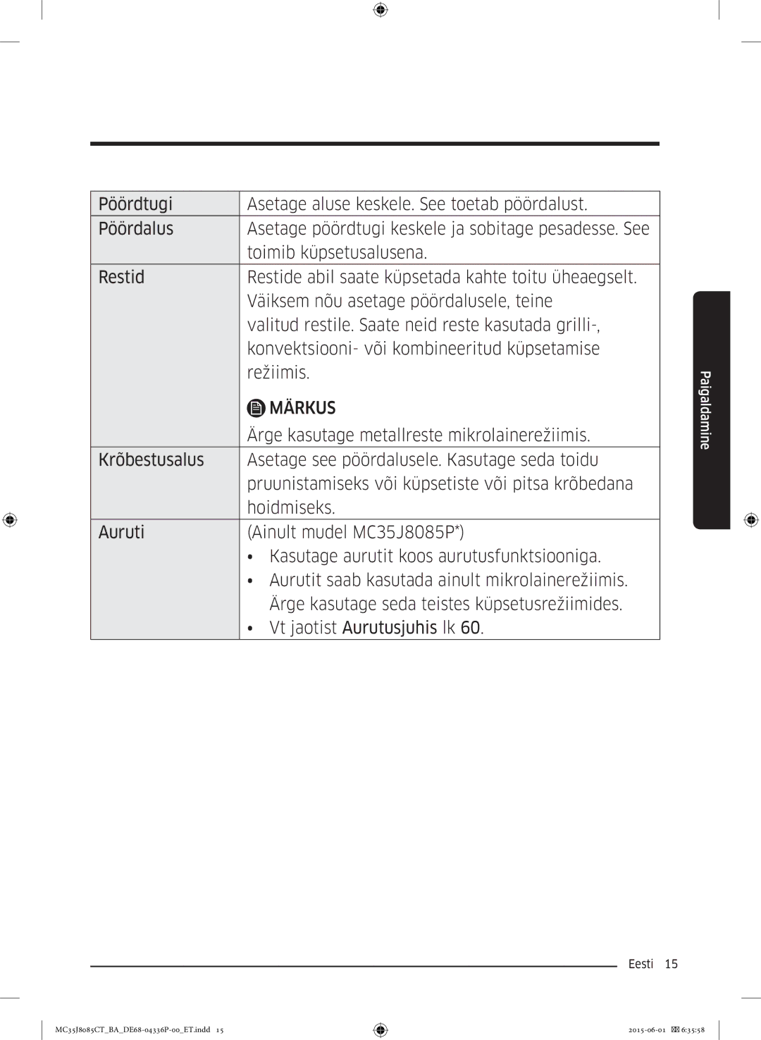 Samsung MC35J8085CT/BA manual Märkus 