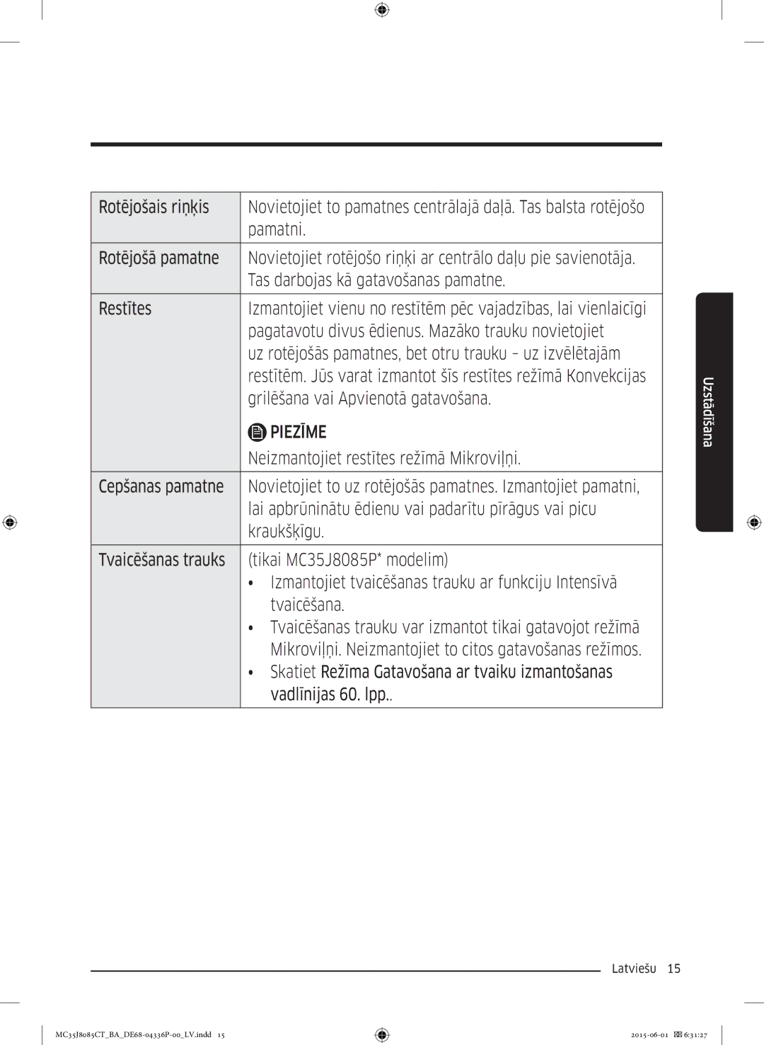 Samsung MC35J8085CT/BA manual Rotējošais riņķis, Grilēšana vai Apvienotā gatavošana 