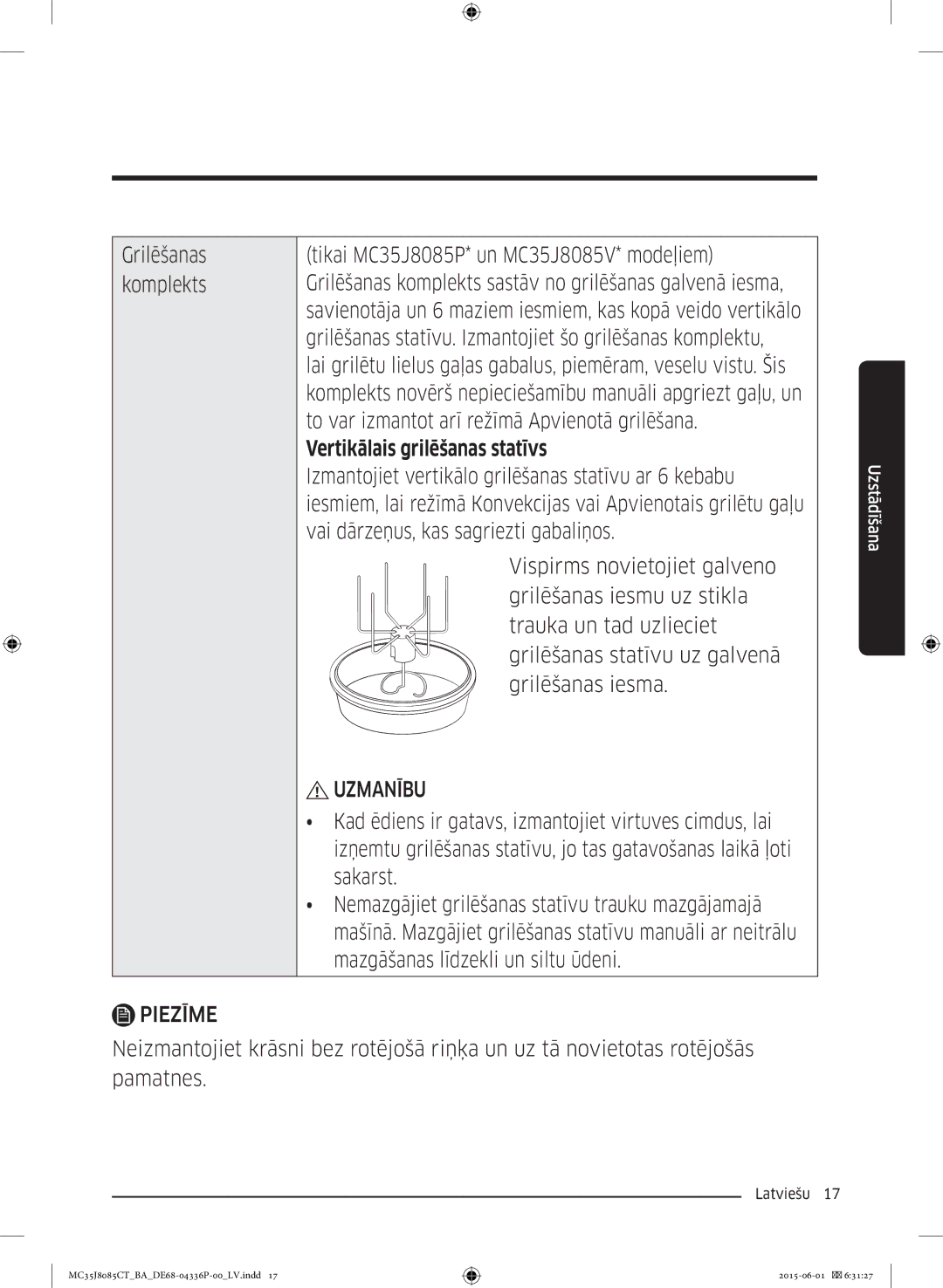 Samsung MC35J8085CT/BA manual Vertikālais grilēšanas statīvs 