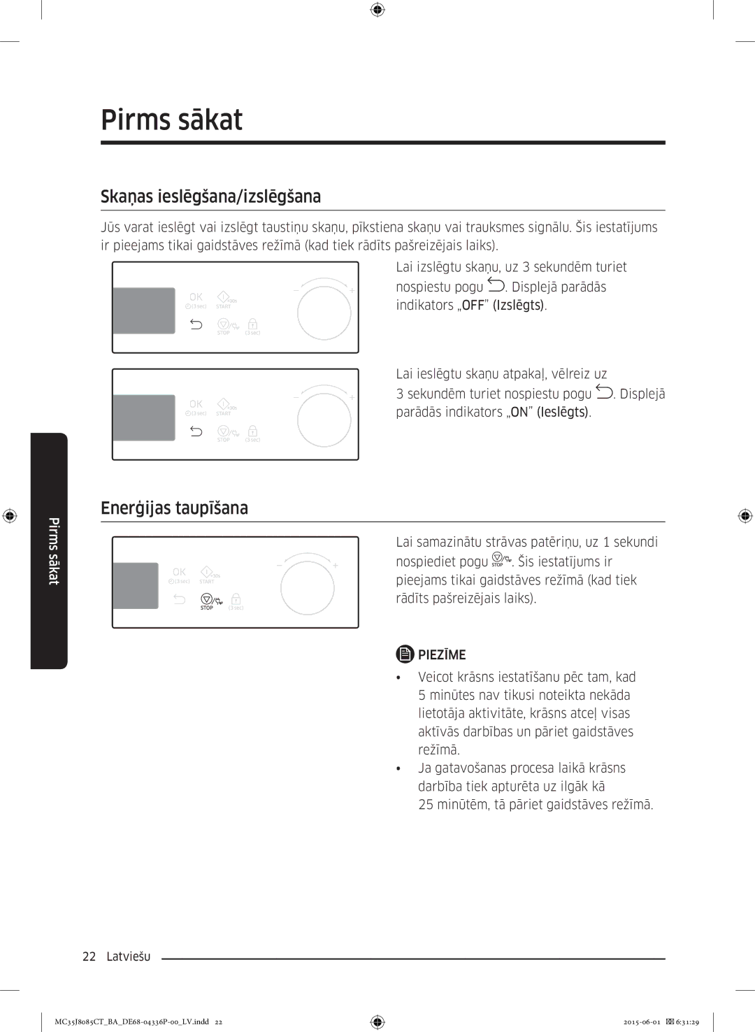 Samsung MC35J8085CT/BA manual Skaņas ieslēgšana/izslēgšana, Enerģijas taupīšana 