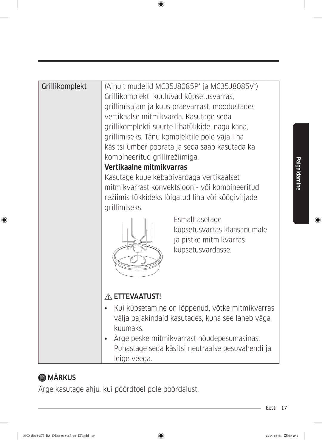 Samsung MC35J8085CT/BA manual Vertikaalne mitmikvarras 