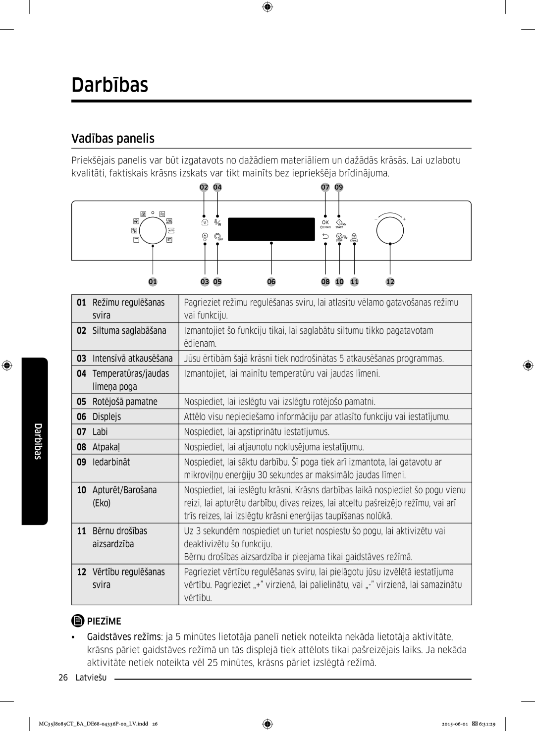 Samsung MC35J8085CT/BA manual Darbības, Vadības panelis, Vērtību 