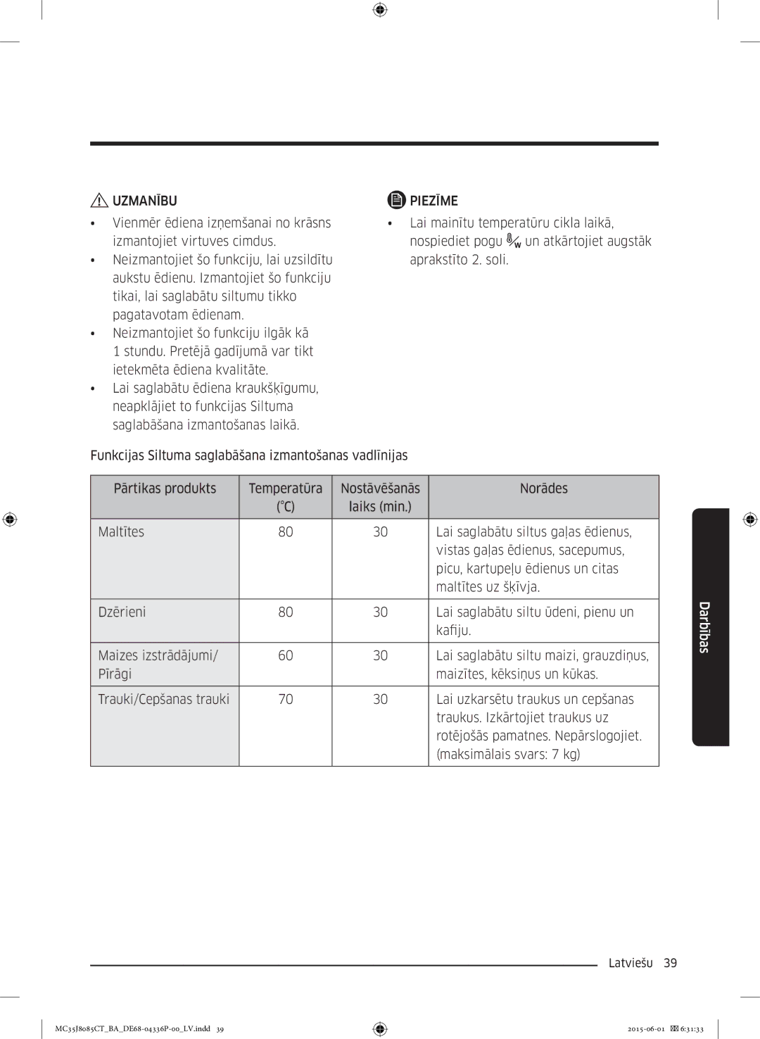 Samsung MC35J8085CT/BA manual Uzmanību Piezīme 